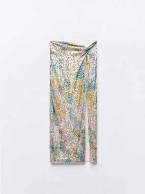 Zara Metallic Multi-Color Pleated Maxi Skirt with Side Slit